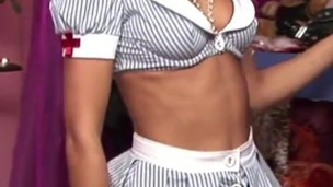 blonde nurse looking at some clothes