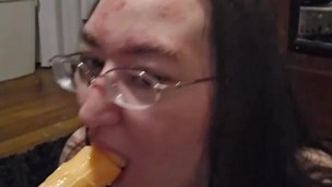 Brunette BBW works on some throat training