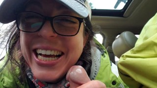 “Oops! I spilled some cum!” Road Head with Creamy Mouthpie Swallow